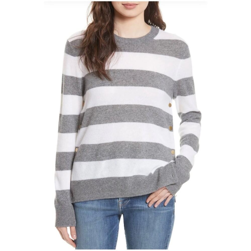 Equipment Women’s Sz S Cashmere Sweater Gray White Stripe Crew Neck Jenny